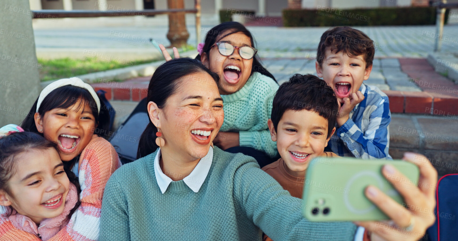 Buy stock photo Happy teacher, kids and selfie with students for memory, photography or picture together outside classroom. Young, educator and elementary children with smile or learners for school moment or capture