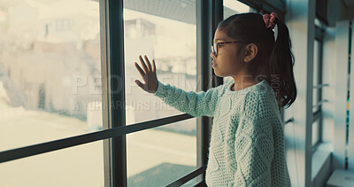 Buy stock photo Depression, sad and girl with education, window and naughty kid with nostalgia, emotion and autism. Classroom, student and childhood with view, memory and thinking with mental health and stress