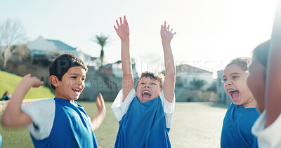 Buy stock photo Excited children, soccer or team with celebration for winning, competition or sports on field. Young, group or elementary kids with smile in huddle for football victory, match or outdoor game