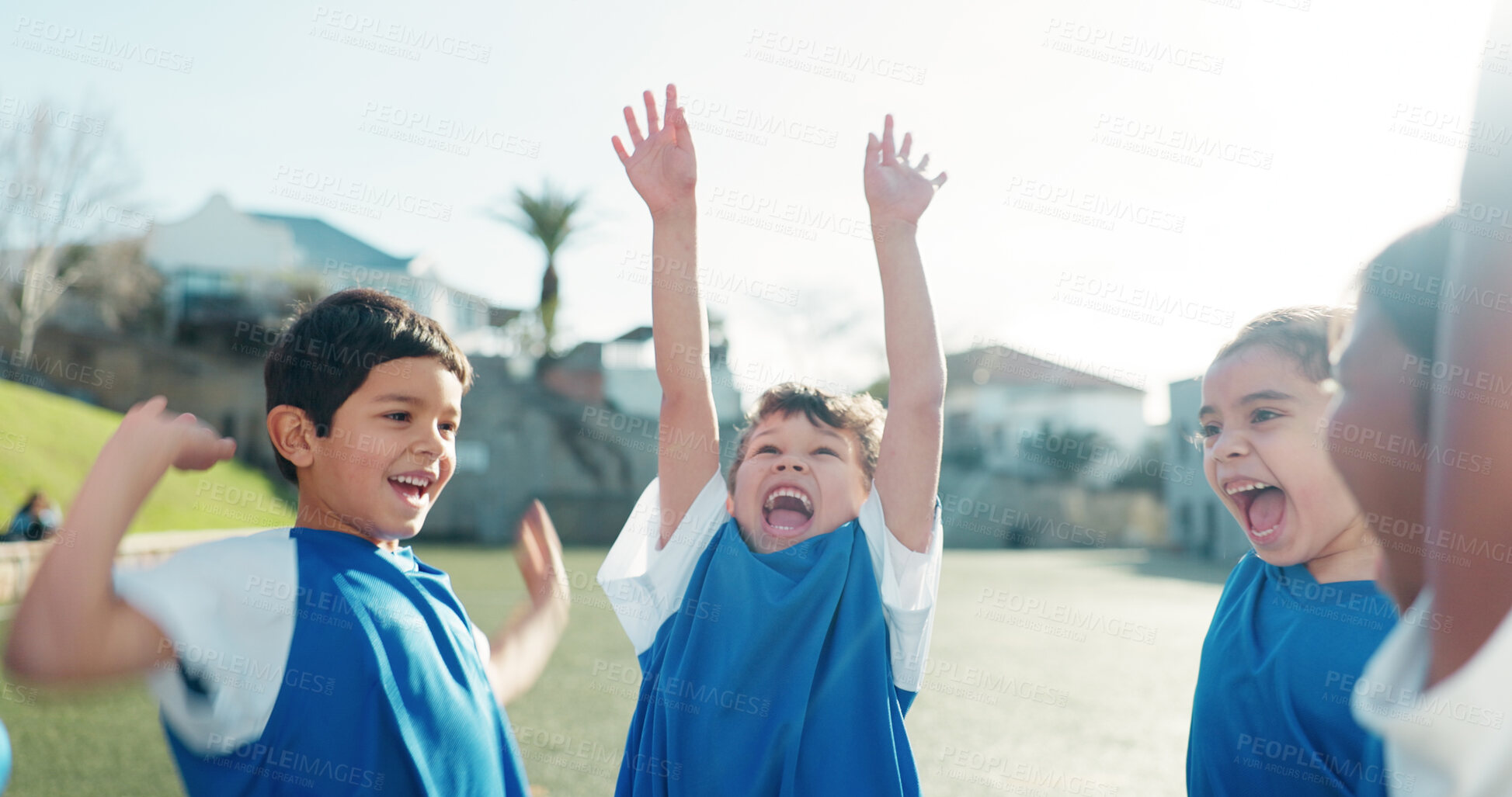 Buy stock photo Excited children, soccer or team with celebration for winning, competition or sports on field. Young, group or elementary kids with smile in huddle for football victory, match or outdoor game
