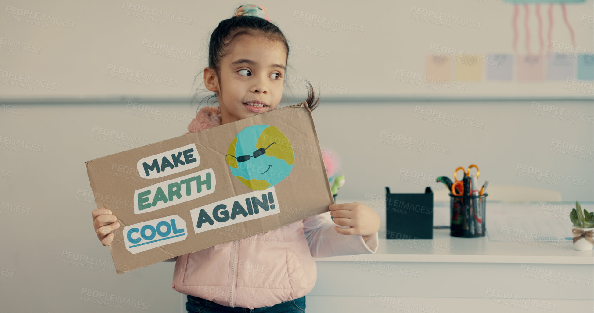 Buy stock photo School, student and child with poster for presentation, education and awareness for climate change. Classroom, girl and thinking with oral speech for earth day sustainability, project or conservation