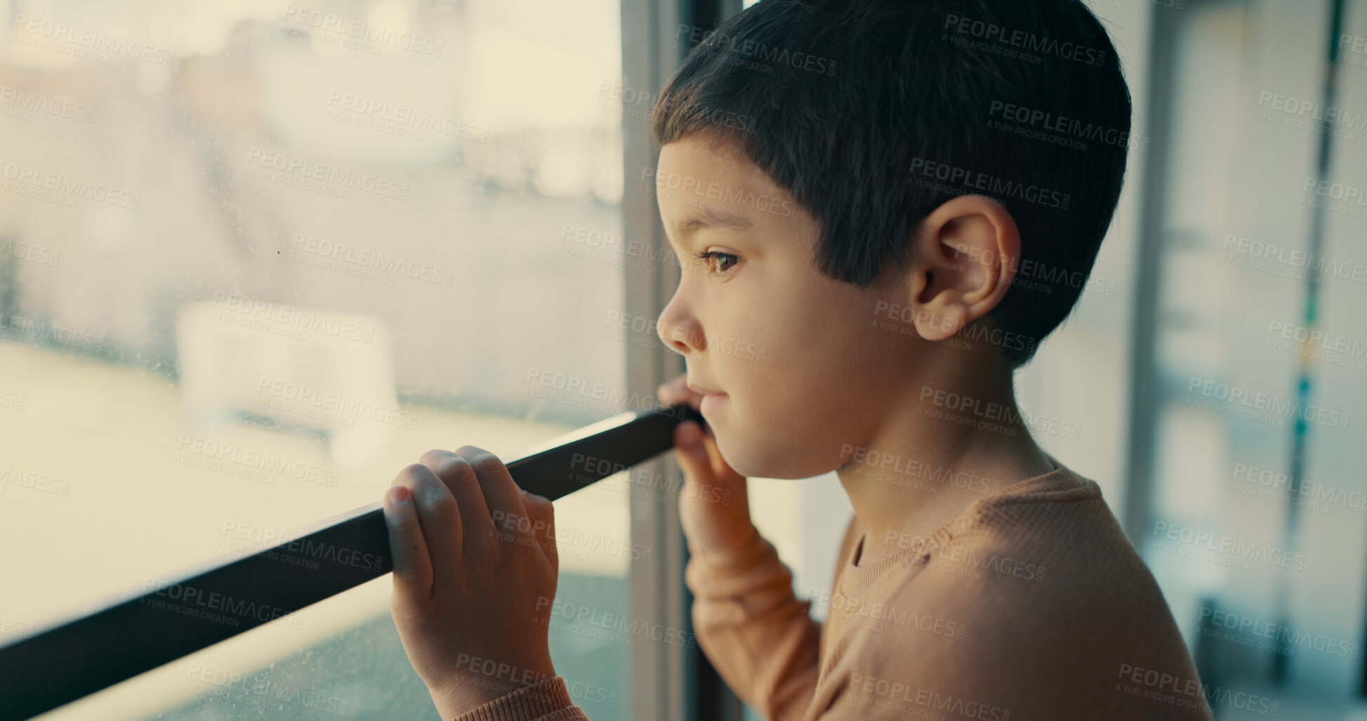 Buy stock photo Thinking, sad and boy with education, window and naughty kid with nostalgia, emotion and autism. Classroom, student and childhood with view, memory and depression with mental health and stress