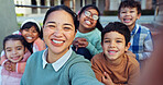 Happy teacher, children and selfie with students for memory, photography or picture together outside classroom. Young, educator and elementary learners with smile or kids for school moment or capture