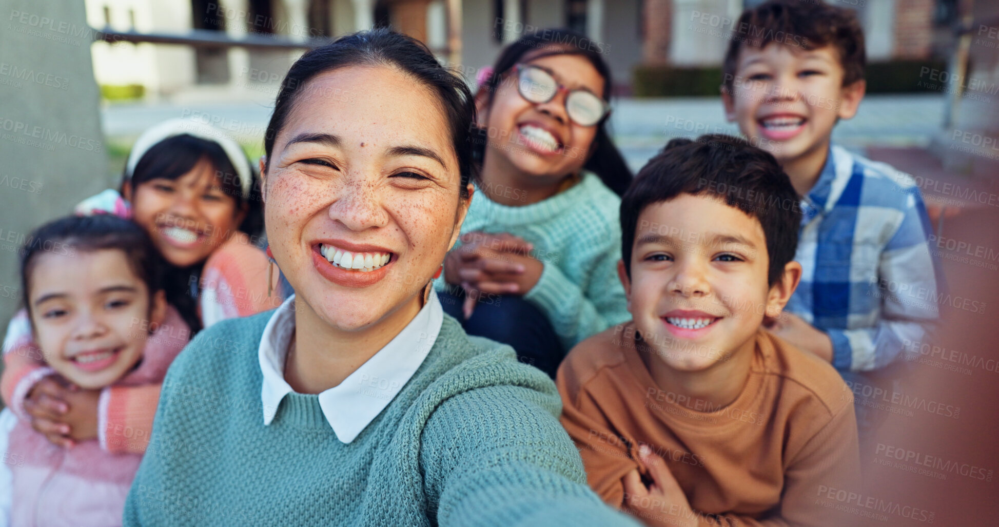 Buy stock photo Happy teacher, children and selfie with students for memory, photography or picture together outside classroom. Young, educator and elementary learners with smile or kids for school moment or capture