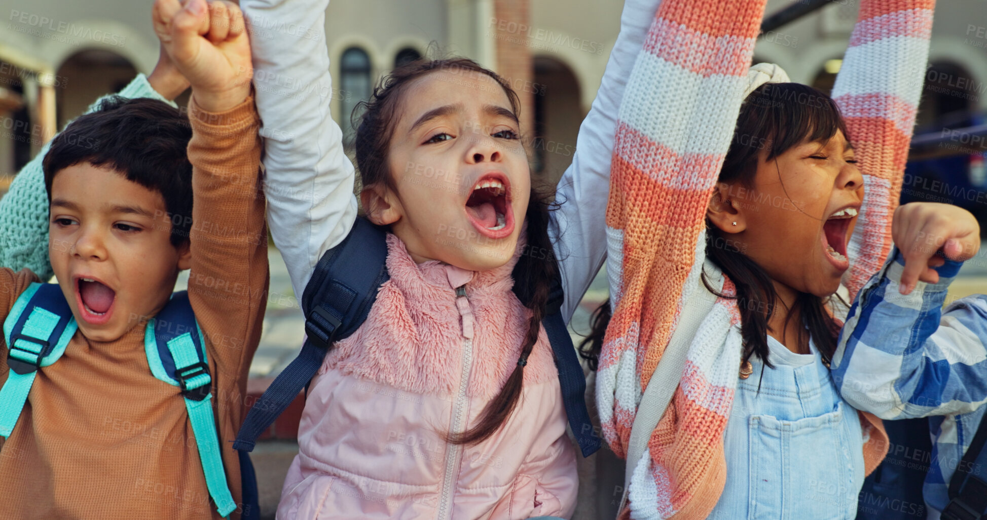Buy stock photo Students, children and shouting with backpack at school for learning success, excited for recess or freedom. Friends, people and kids screaming for joy at academy for education, scholarship or break 