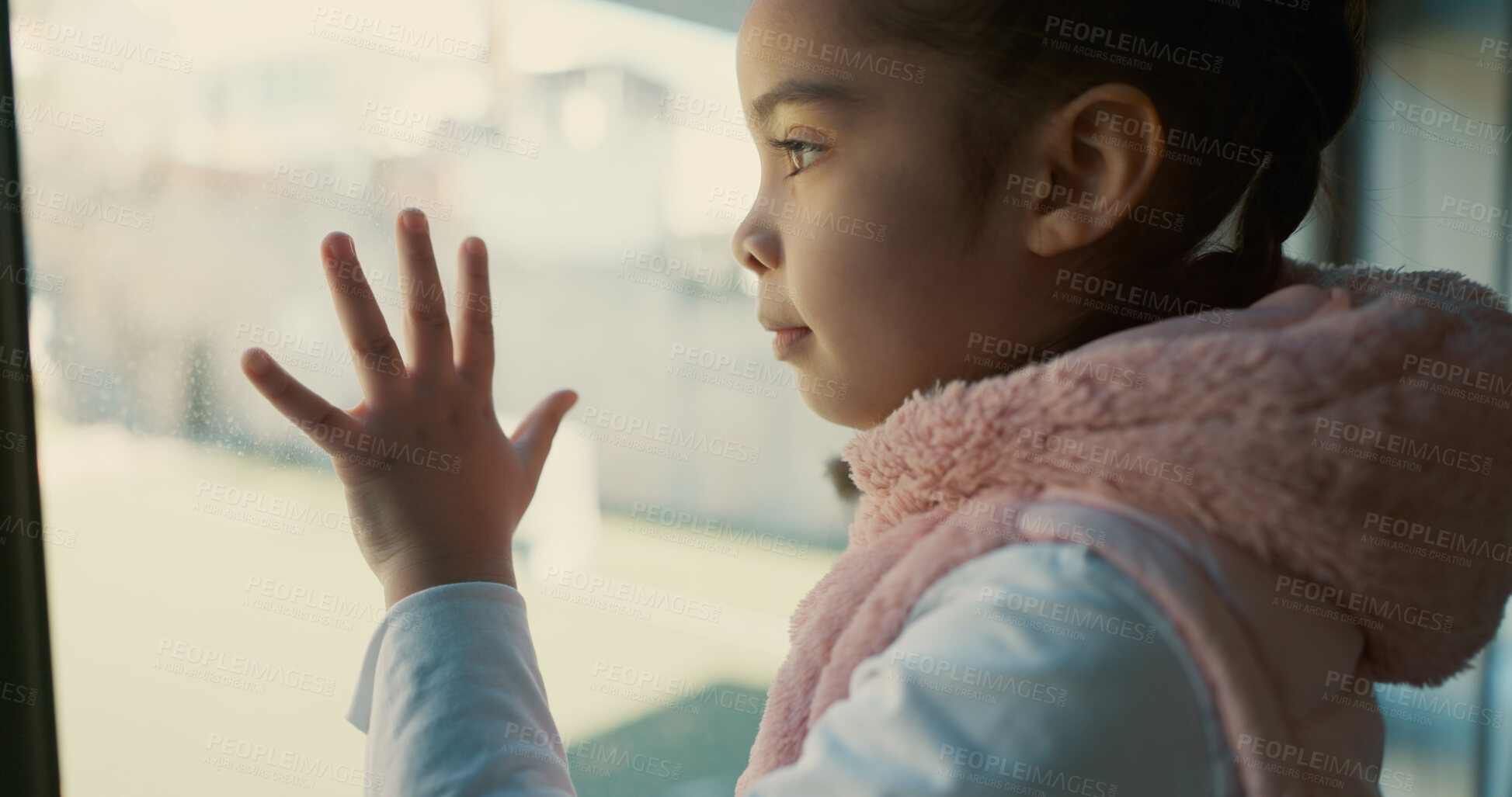 Buy stock photo Thinking, sad and girl with education, window and kid with nostalgia, school and autism. Classroom, student and childhood with view, memory and development with mental health and emotion