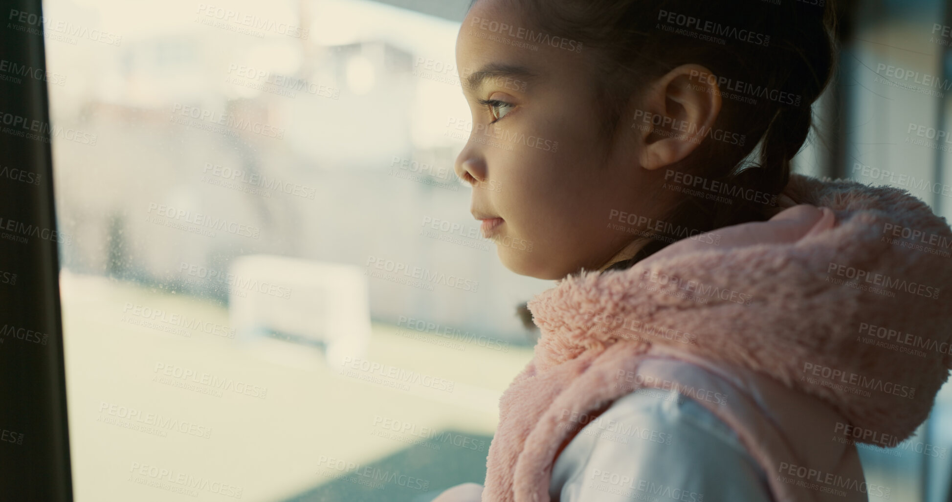 Buy stock photo Thinking, sad and girl with school, window and naughty kid with nostalgia, emotion and autism. Classroom, student and childhood with view, memory and depression with mental health and anxiety