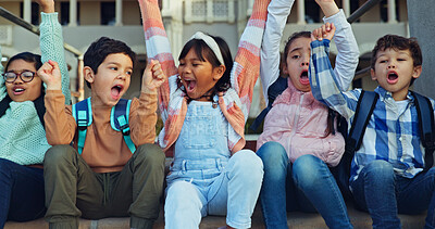 Buy stock photo Children, group and celebration on stairs at school with hands up, cheers or excited to start learning. Kids, friends and happy with screaming, diversity or together on steps for education at academy