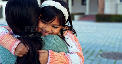 Buy stock photo Hug, mama and girl with school, outdoor and smile with support, kindness and happiness. Outside, family and single parent with daughter, goodbye and childhood with embrace, greeting and mother