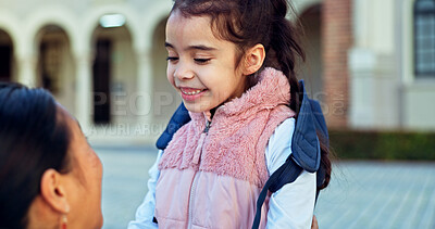 Buy stock photo Mother, girl and school with backpack, morning and start with support, new day and happiness. Outdoor, family and single parent with kid, childhood and mama with daughter, learning for education