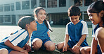 Outdoor, group and kids with sports, school and education with happiness, bonding together and smile. Playground, friends and students with sunshine, fun and playful with knowledge, joy and teamwork