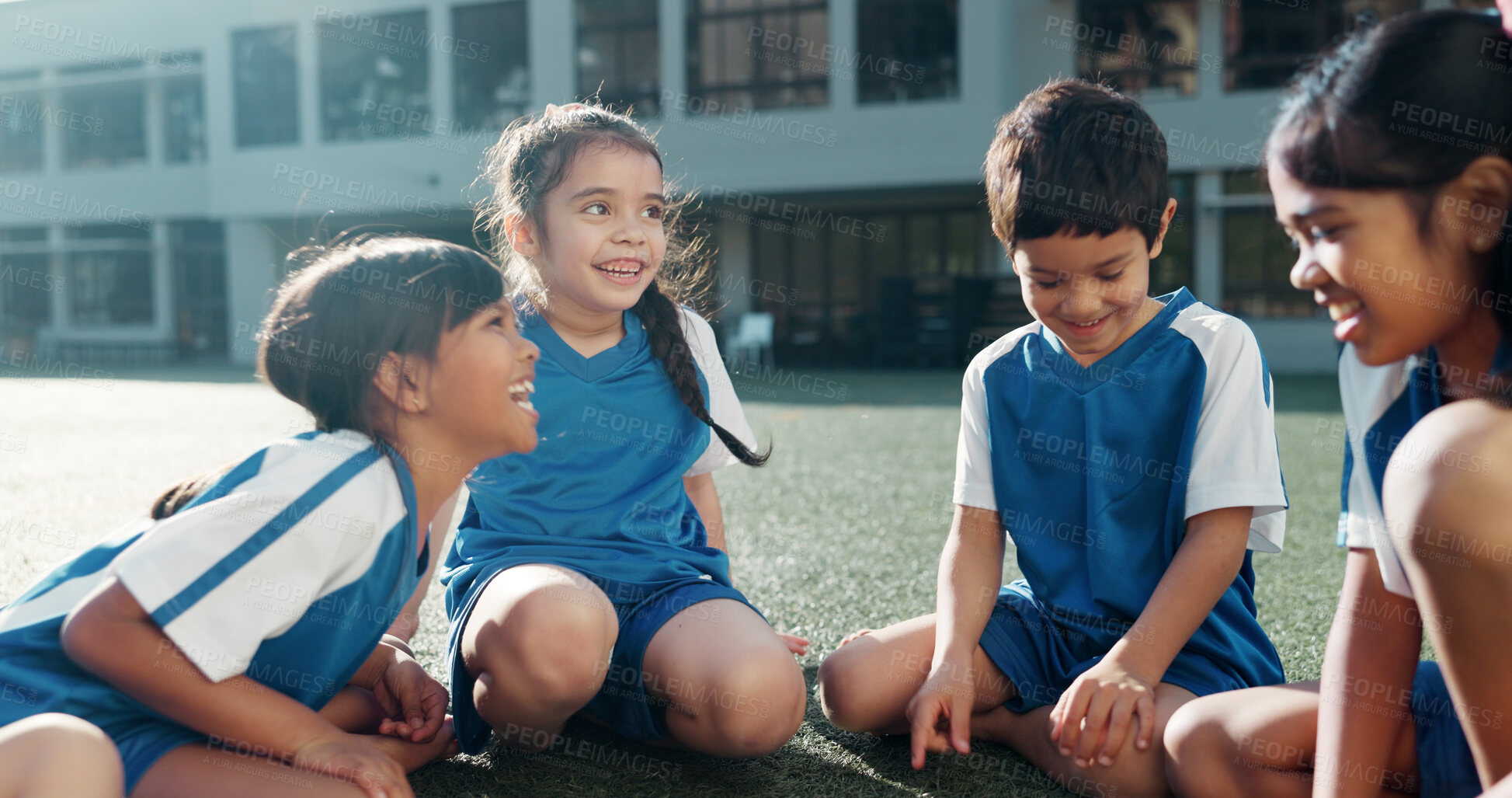 Buy stock photo Outdoor, group and kids with sports, school and education with happiness, bonding together and smile. Playground, friends and students with sunshine, fun and playful with knowledge, joy and teamwork