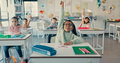 Buy stock photo Girl, child and happy with raised hand at school for question, answer and smile with solution for quiz. Kids, excited and group for problem solving, learning and assessment for education in classroom