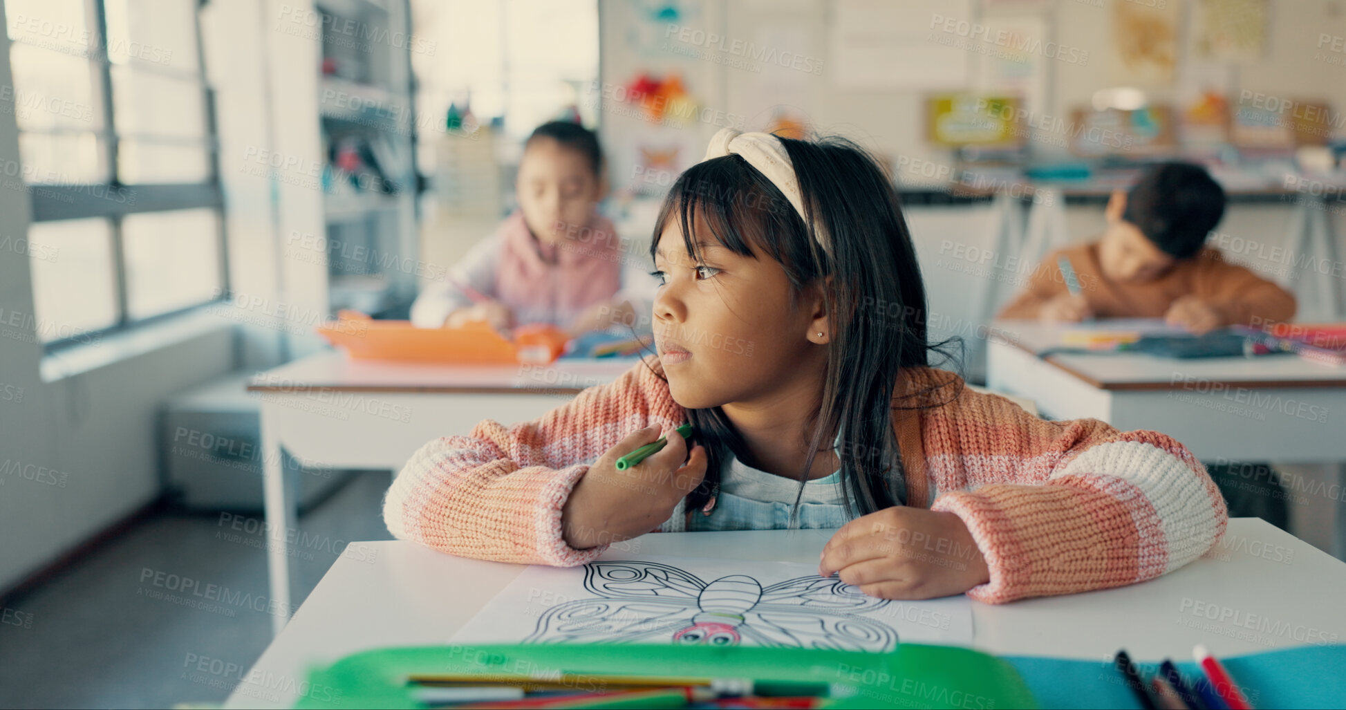 Buy stock photo Girl, child and drawing in classroom with coloring, paper and art with butterfly, scholarship and distraction at academy. Kid, learning and development with insect, reflection and adhd at school