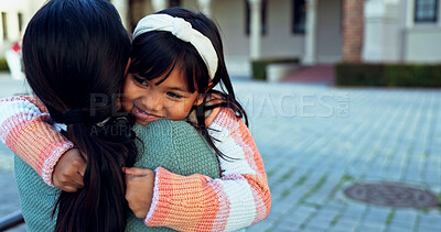 Buy stock photo Hug, mother and girl with smile, outdoor and joyful with support, kindness and happiness. Outside, family and single parent with kid, daughter and childhood with embrace, cheerful and education