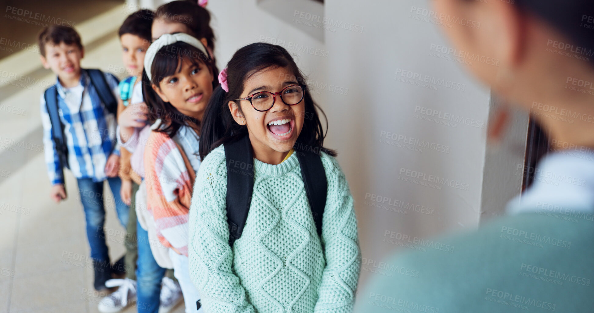 Buy stock photo Excited children, teacher and students with line for attendance, interaction or education outside classroom. Young, kids or happy elementary learners with educator for lesson or learning at school