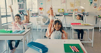 Buy stock photo Girl, child and smile with raised hand at school for question, answer and happy with solution for quiz. Kids, excited and group for problem solving, learning and assessment for education in classroom