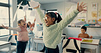 Excited children, students and celebration with documents in air for holiday, summer or end of school semester. Young, happy and elementary kids with smile for recess, done or finished in classroom