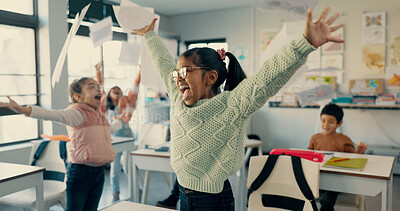 Buy stock photo Excited children, students and celebration with documents in air for holiday, summer or end of school semester. Young, happy and elementary kids with smile for recess, done or finished in classroom