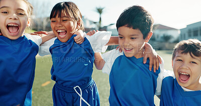 Buy stock photo Children, soccer team and portrait with hug on field, celebration and excited for sports tournament. Friends, boys and girls with support for winning, game goal and group of football players on pitch