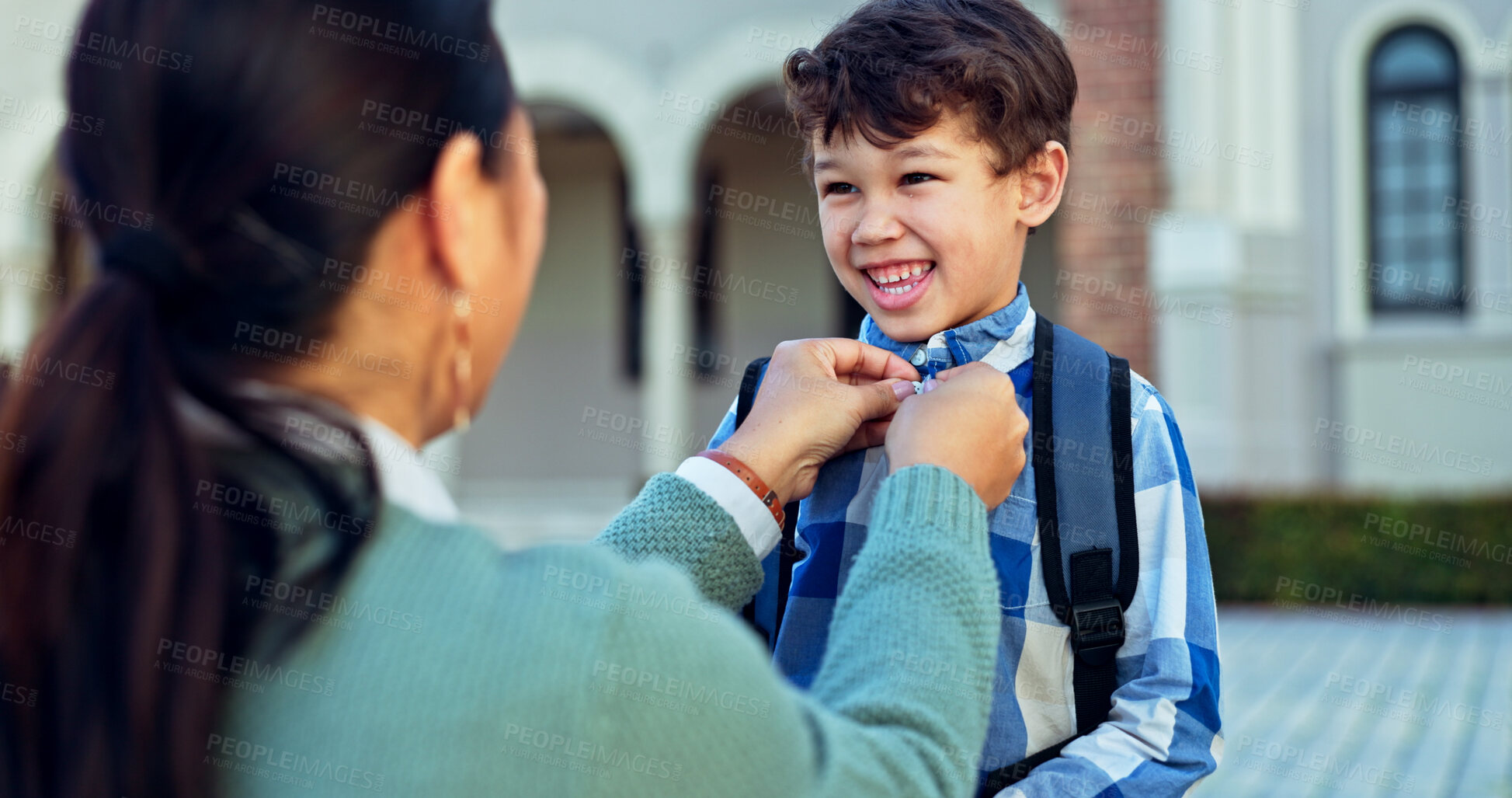 Buy stock photo Mother, boy and education with backpack, morning and help with school, new day and knowledge. Outdoor, family and single parent with kid, childhood and mama with future, learning and support