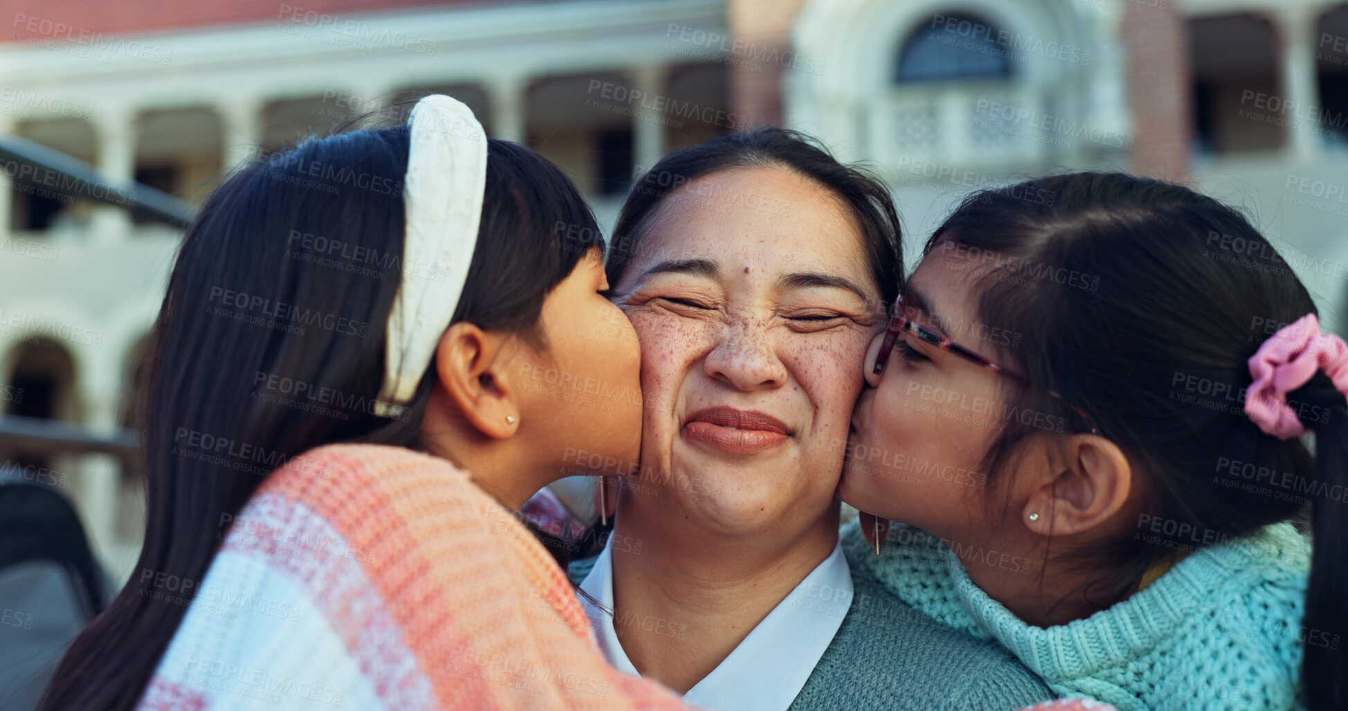 Buy stock photo Outdoor, kissing and mother with girls, love and bonding together with happiness. Outside, family and parent with mama, daughters and kids with childhood, care and affection with weekend break