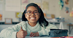 Girl, child and writing in classroom, portrait and smile with notes, education and development at academy. School kid, excited and happy for learning, study and scholarship with progress in Indonesia