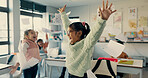 Excited students, children and celebration with documents in air for holiday, summer or end of school semester. Young, happy and elementary kids with smile for recess, done or finished in classroom