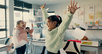 Buy stock photo Excited students, children and celebration with documents in air for holiday, summer or end of school semester. Young, happy and elementary kids with smile for recess, done or finished in classroom