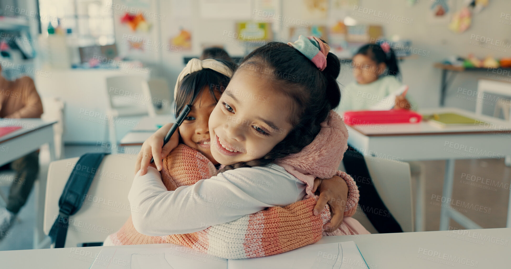 Buy stock photo Hug, friends and education with children in classroom for bonding, support and learning. Team, school project and knowledge with students at academy for achievement, lesson progress and studying