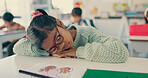 Girl, child and tired with sleeping in classroom with drawing, color or art with fatigue at academy. Kid, lazy and rest with  sketch, bear and burnout for education, development or creative at school