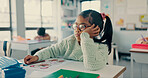 Girl, child and bored with thinking in classroom for drawing, color or art with fatigue at academy. Kid, lazy and tired with  sketch, bear and burnout for education, development or creative at school