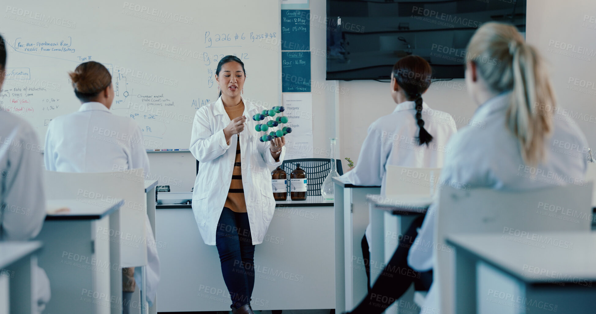 Buy stock photo Science, research and people with teacher, students and knowledge with info. Education, university and college with men, women and teaching with feedback, chemistry and microbiology with experiment