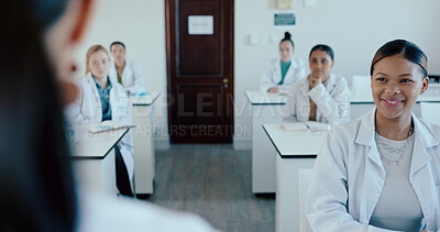 Buy stock photo Lecture, science and college with people in classroom for lab skills, learning and chemistry workshop. Medical, research and education with University students at school for medicine and innovation