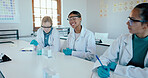 Science, students and learning in academy with test tubes, PPE and happy for higher education. Chemistry lesson, people and testing in class for experiment, lab research and studying for exams