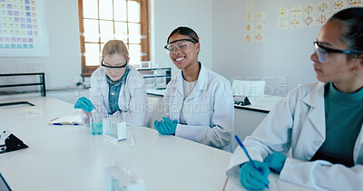 Buy stock photo Science, students and learning in academy with test tubes, PPE and happy for higher education. Chemistry lesson, people and testing in class for experiment, lab research and studying for exams