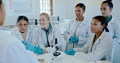 Buy stock photo Science, laboratory and teacher with students at university for learning, education and research at medical college. School, biotechnology and woman with people for experiment, studying and teaching