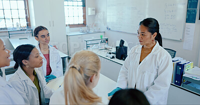 Buy stock photo Science, laboratory and teacher with students for education, learning and research at medical university. School, biotechnology and woman with people for experiment, studying and teaching at college