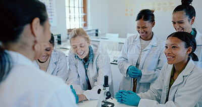 Buy stock photo Science, laboratory and teacher with happy students for learning, education and research at medical university. School, biotechnology and woman with people for experiment, studying and teaching