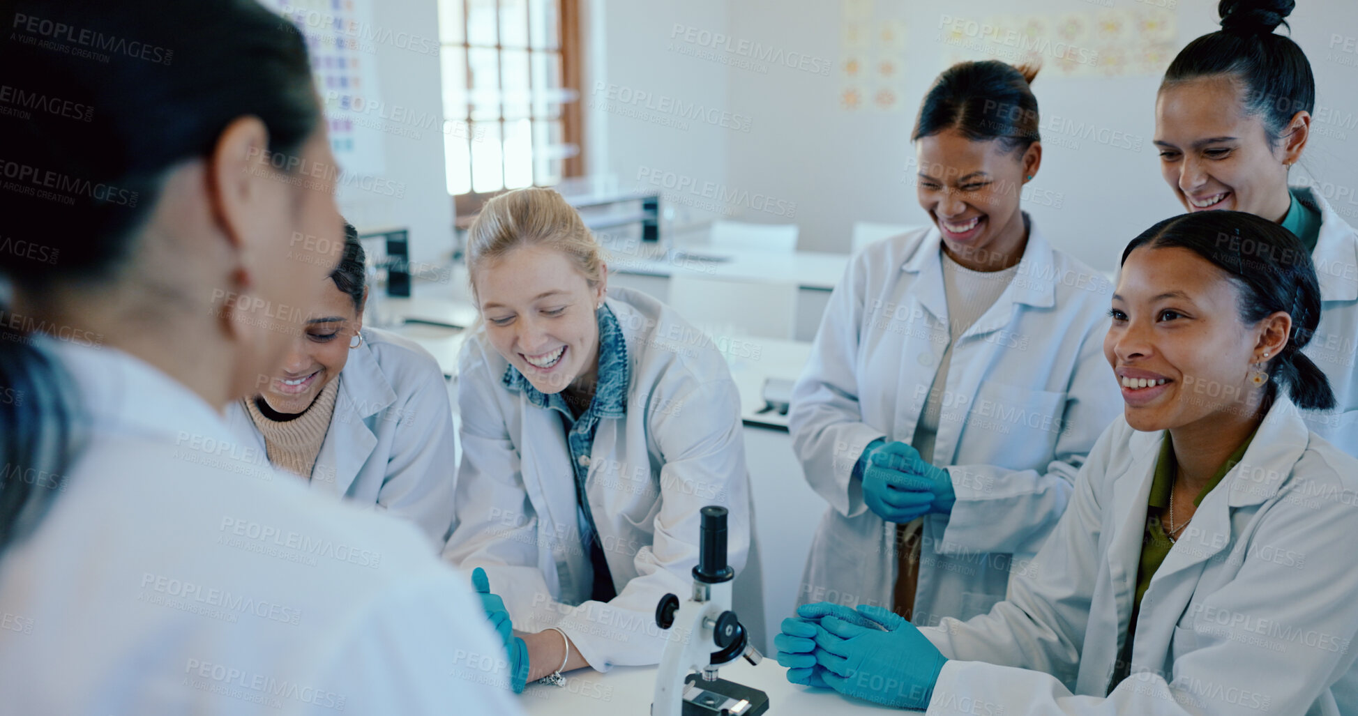 Buy stock photo Science, laboratory and teacher with happy students for learning, education and research at medical university. School, biotechnology and woman with people for experiment, studying and teaching