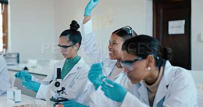 Buy stock photo Science, students and question in class for learning, PPE and lecture for higher education. Chemistry lesson, woman or problem solving in academy for experiment, lab research and studying for exams