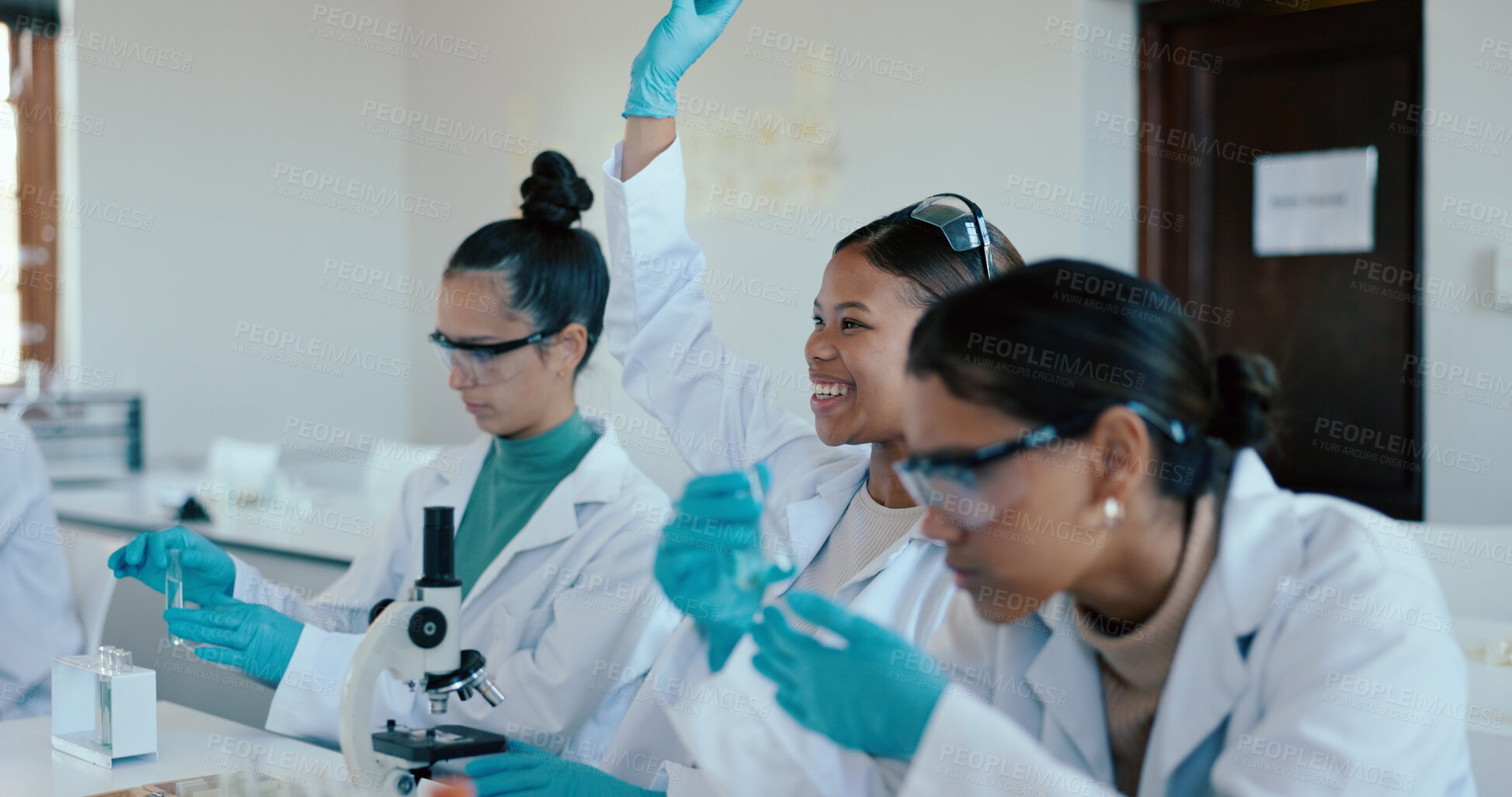 Buy stock photo Science, students and question in class for learning, PPE and lecture for higher education. Chemistry lesson, woman or problem solving in academy for experiment, lab research and studying for exams