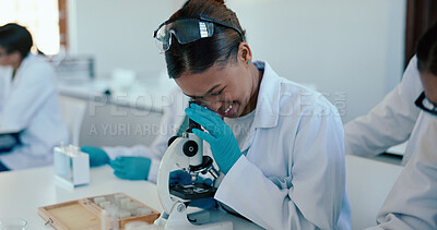 Buy stock photo Science, student and study with microscope in laboratory for sample analysis, practical lesson and education. High school girl, examine and learning of medical research for experiment  in classroom