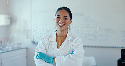 Buy stock photo Classroom, professor and happy woman in portrait for science, pride and teaching for medical topic. University, female person and teacher with arms crossed for lecture, laboratory session or learning