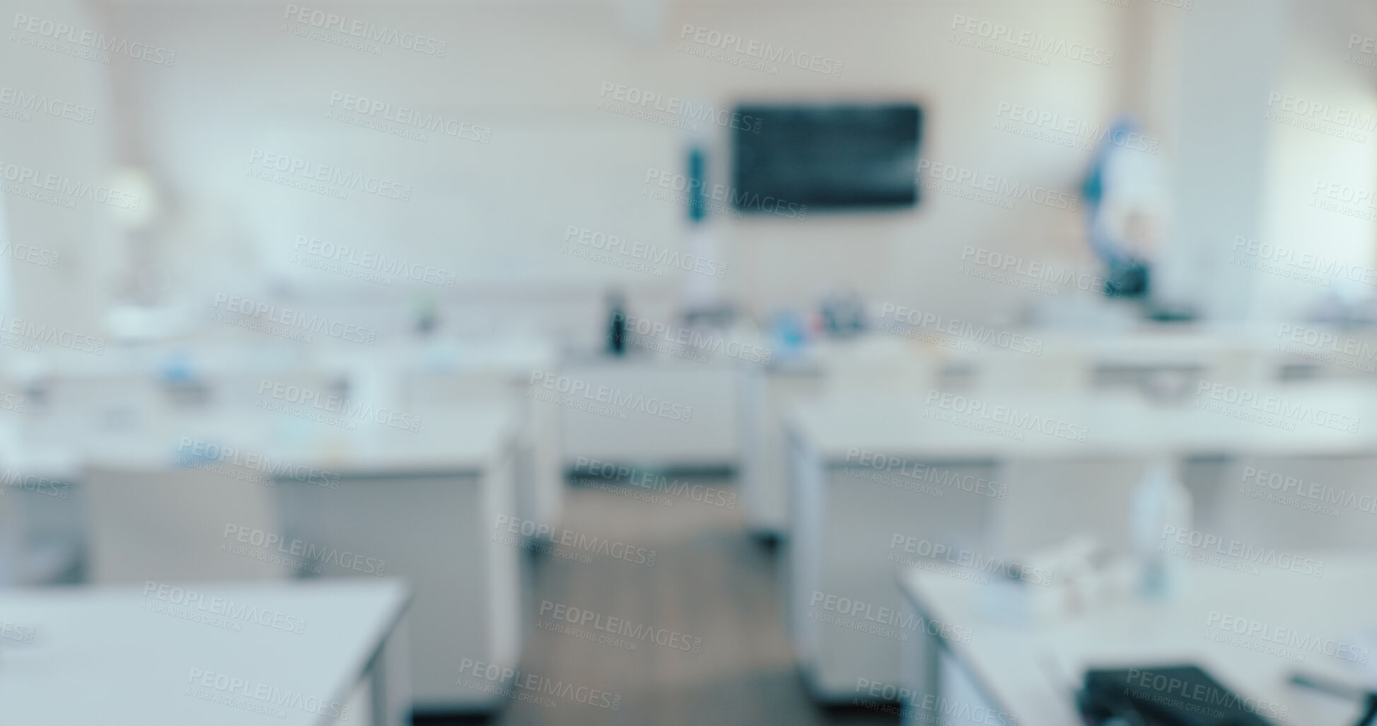 Buy stock photo Blur, science classroom or laboratory for education with empty room, medical research or learning practical. Medicine, equipment or interior of chemistry school for studying, scholarship or knowledge