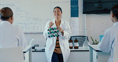 Buy stock photo Science, education and chemistry with teacher, students and knowledge with info. Research, university and college with men, women and teaching with feedback, talk and microbiology with experiment