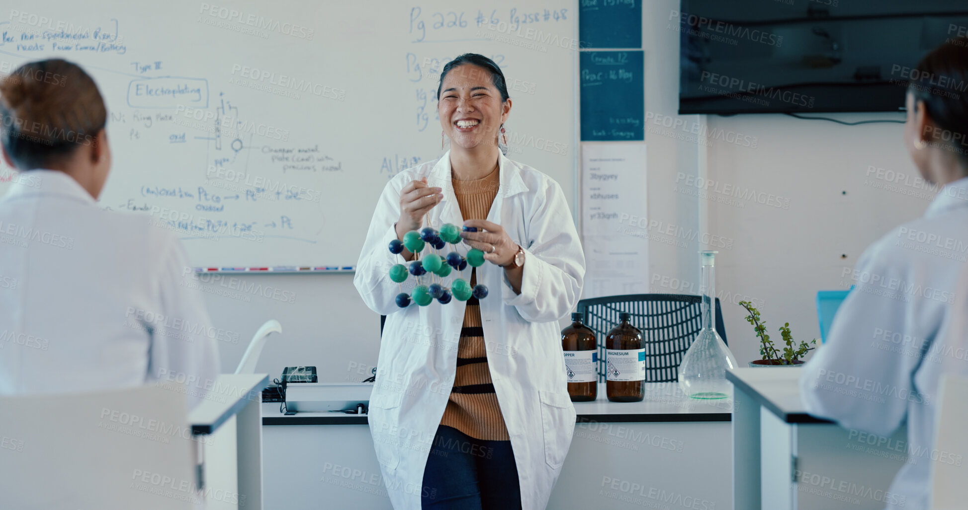 Buy stock photo Science, education and chemistry with teacher, students and knowledge with info. Research, university and college with men, women and teaching with feedback, talk and microbiology with experiment