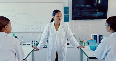 Buy stock photo Science, education and people with research, students and knowledge with experiment. Info, university and college with men, women and teaching with feedback, chemistry and microbiology in laboratory