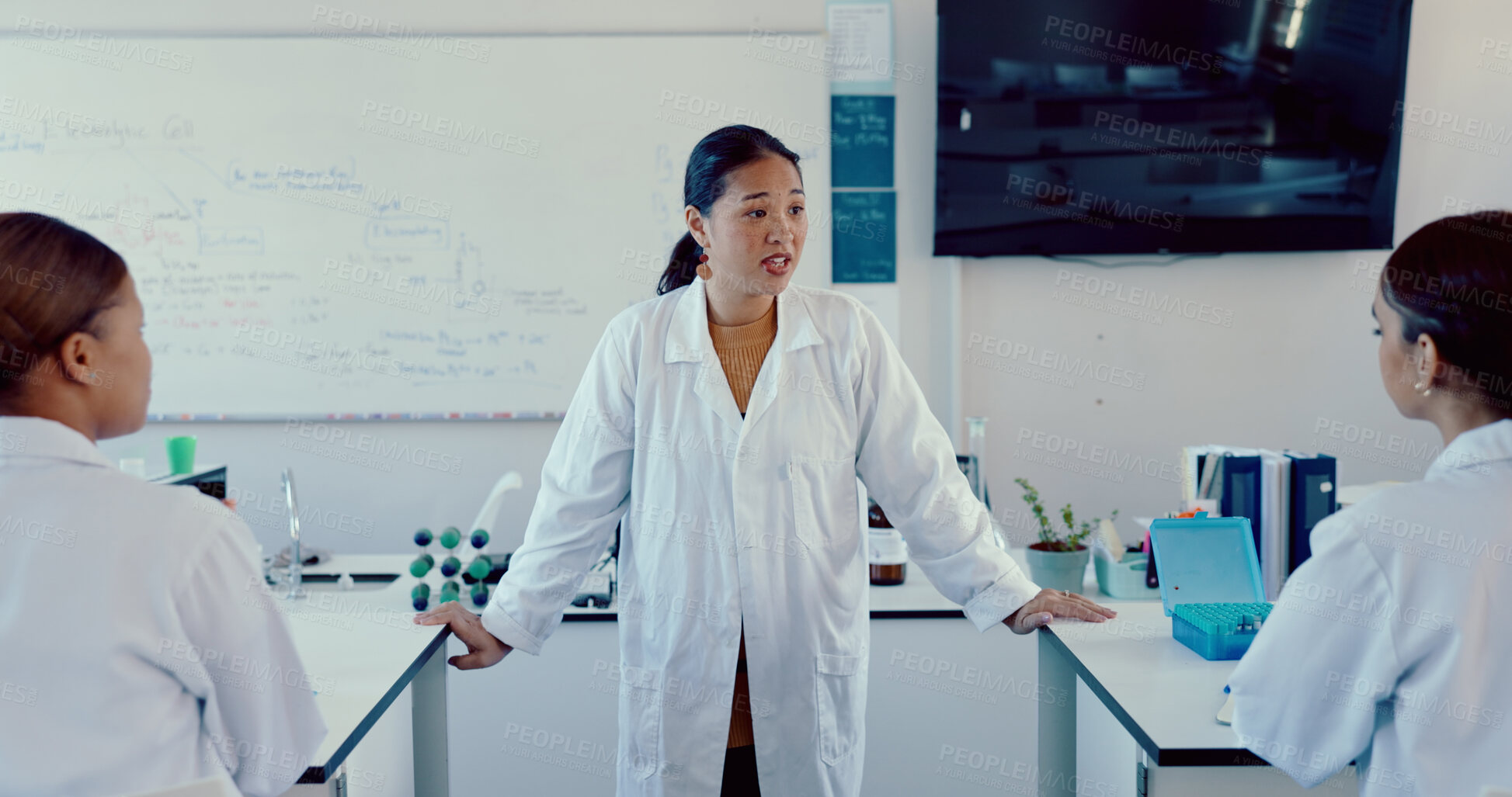 Buy stock photo Science, education and people with research, students and knowledge with experiment. Info, university and college with men, women and teaching with feedback, chemistry and microbiology in laboratory