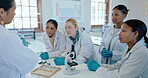 Science, laboratory and teacher with students at college for learning, education and research at medical university. School, biotechnology and woman with people for experiment, studying and teaching